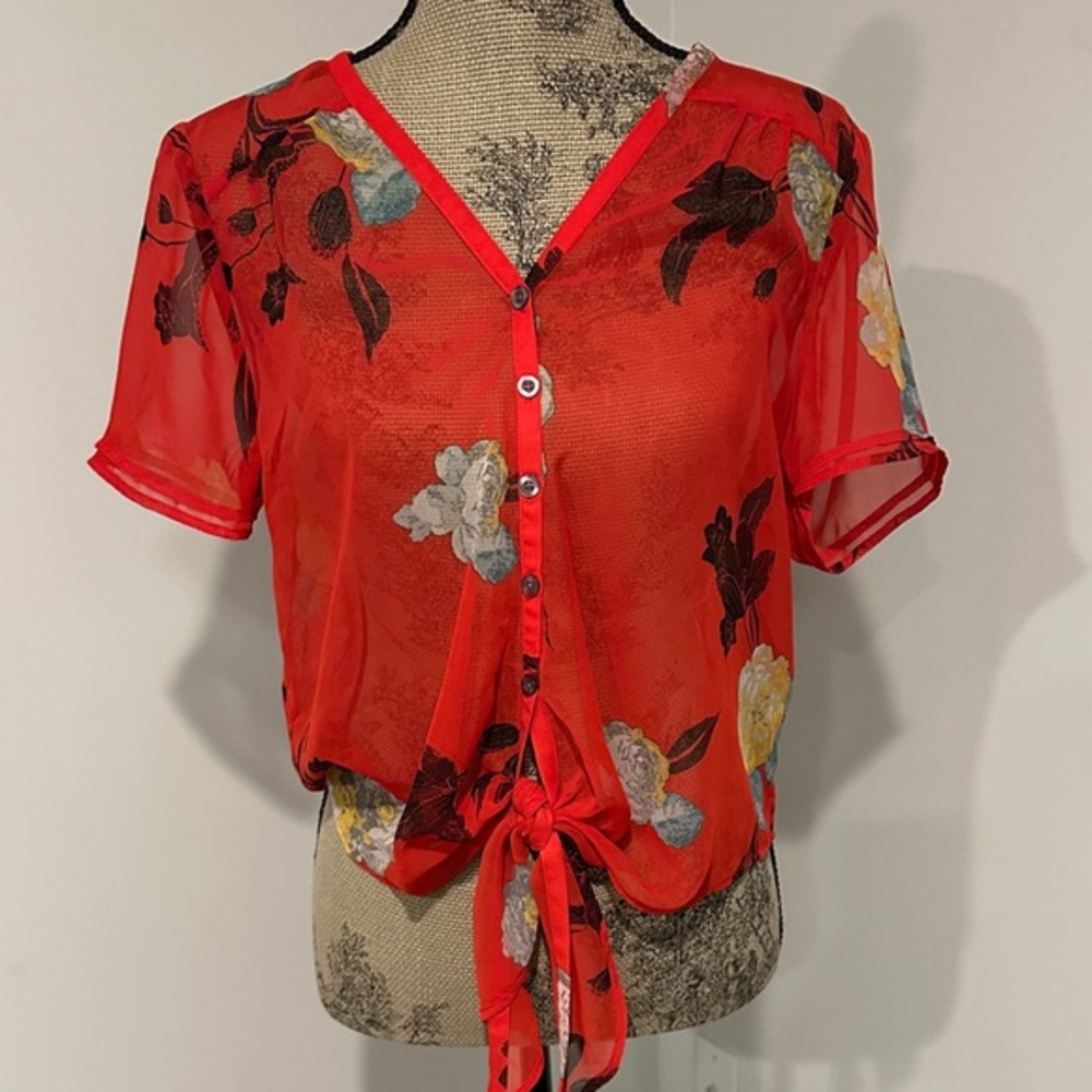 Kimchi Blue Floral Red Sheer Button-Up tie front Top Size Small